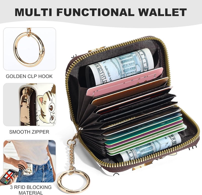 Luoycxy Credit Card Holder for Women,Small Rfid Wallet with Keychain Zipper,Cute PU Leather Card Case Wallet，Accordion Credit Card Wallets Gift,Angry Cat - Image 2